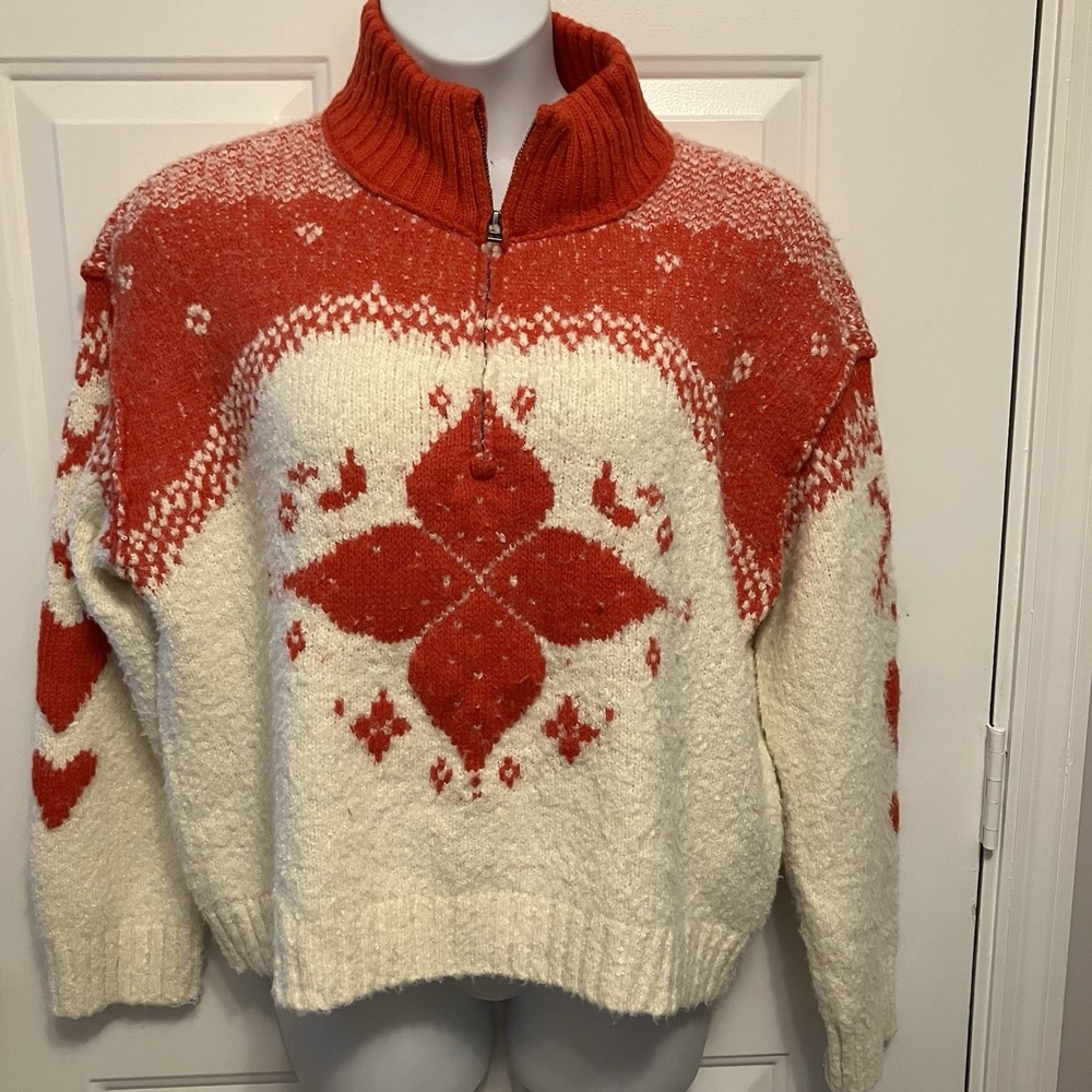 Free People Sz S Mythical Knit Sweater Printed Hearts Zip Ivory Scarlet Red Boho